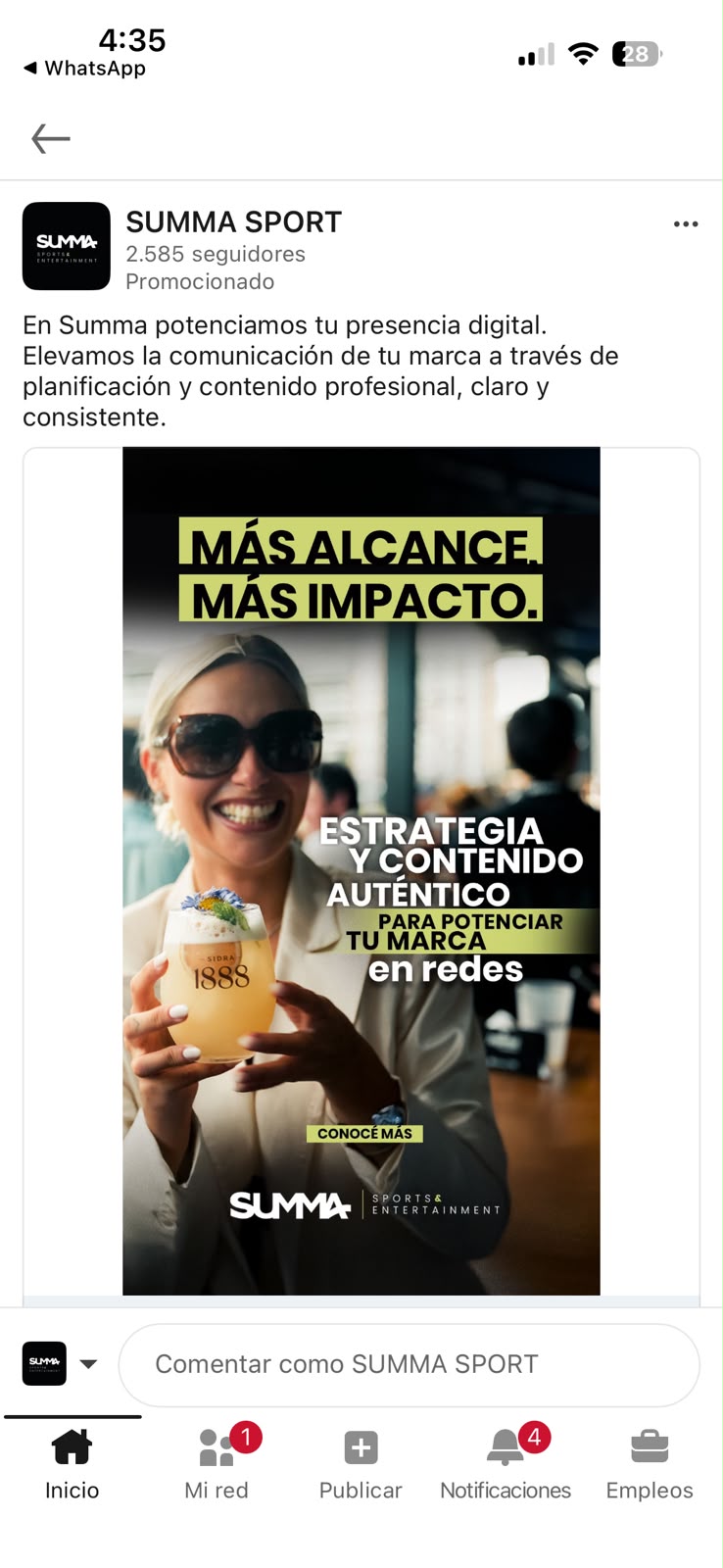Pieza de LinkedIn Ads para Summa Sport